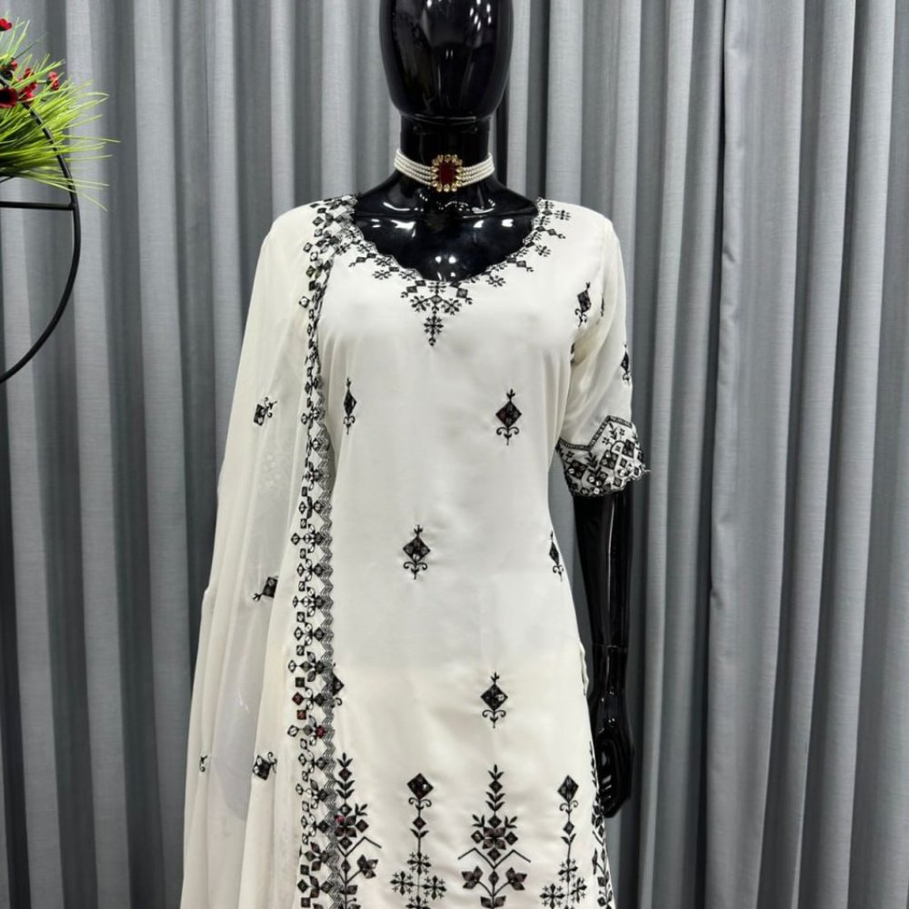 BEAUTIFUL SARA ALI KHAN WHITE SHRARA SET WITH ALL OVER SEQUENCE EMBROIDFERY WORK - Picture 12 of 12